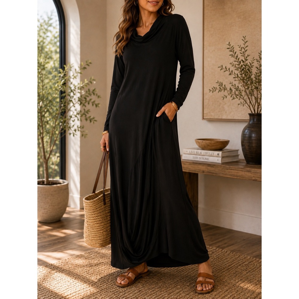 Clemente Black Cowl Neck Asymmetrical Draped Maxi Dress Long Sleeve Pockets NEW